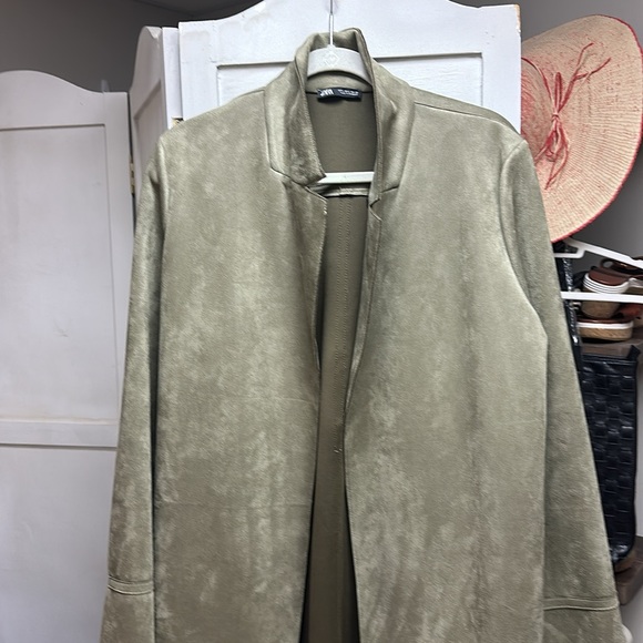 Zara Olive Green Faux Suede Long Jacket, Sz L, EUC - Picture 3 of 8